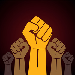 image of raised fists of various shades of brown against a dark red background